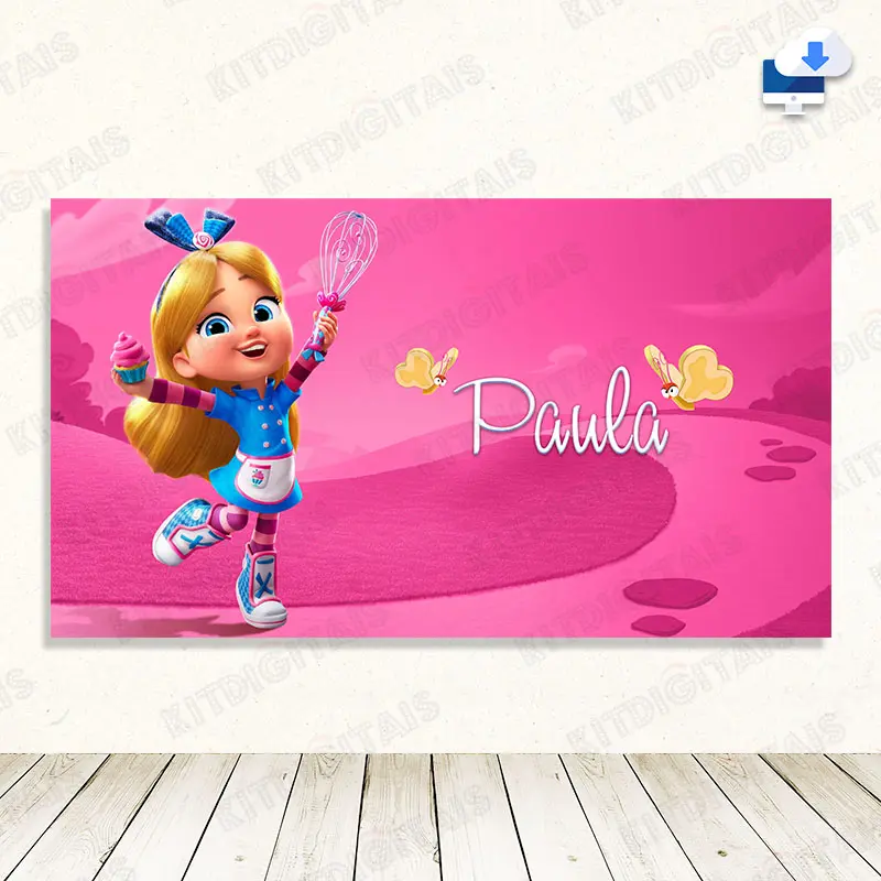 Alice na Doceria Painel Digital Aniversário com Nome Mod2