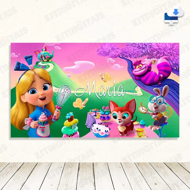 Alice na Doceria Painel Digital Aniversário com Nome Mod3