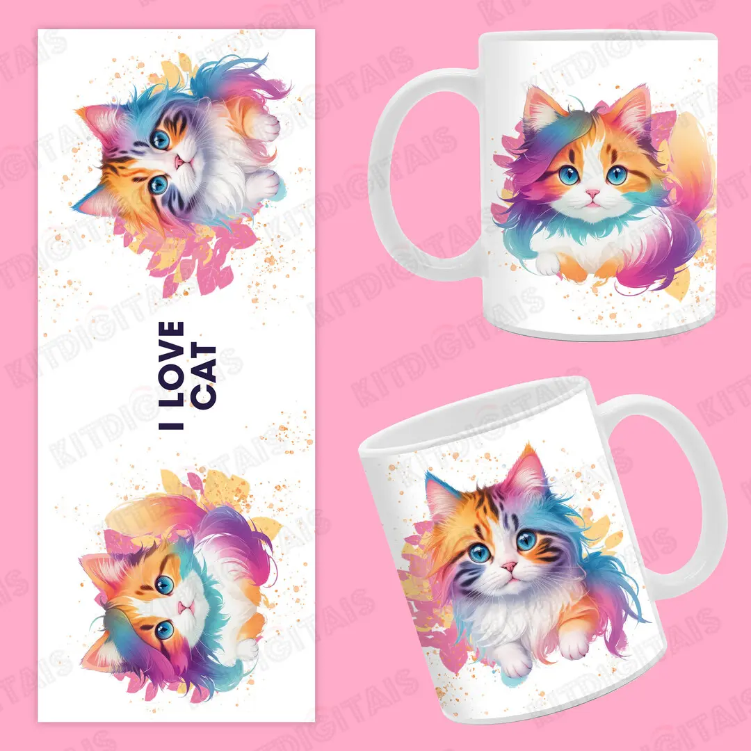 Gatinho Fofo Mix Colors Arte Caneca Personalizada