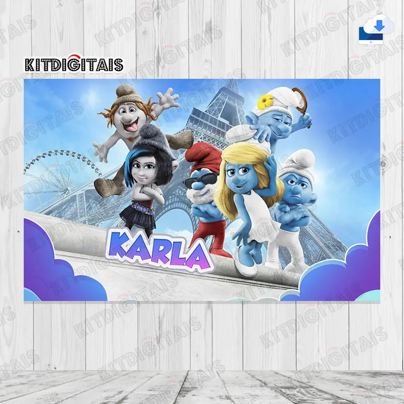 Smurfs Painel Aniversário Digital com Nome Mod2