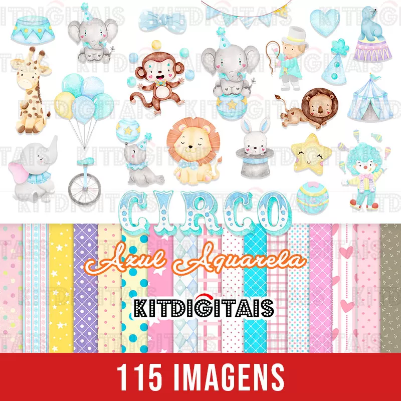 Kit Digital Circo Azul Aquarela
